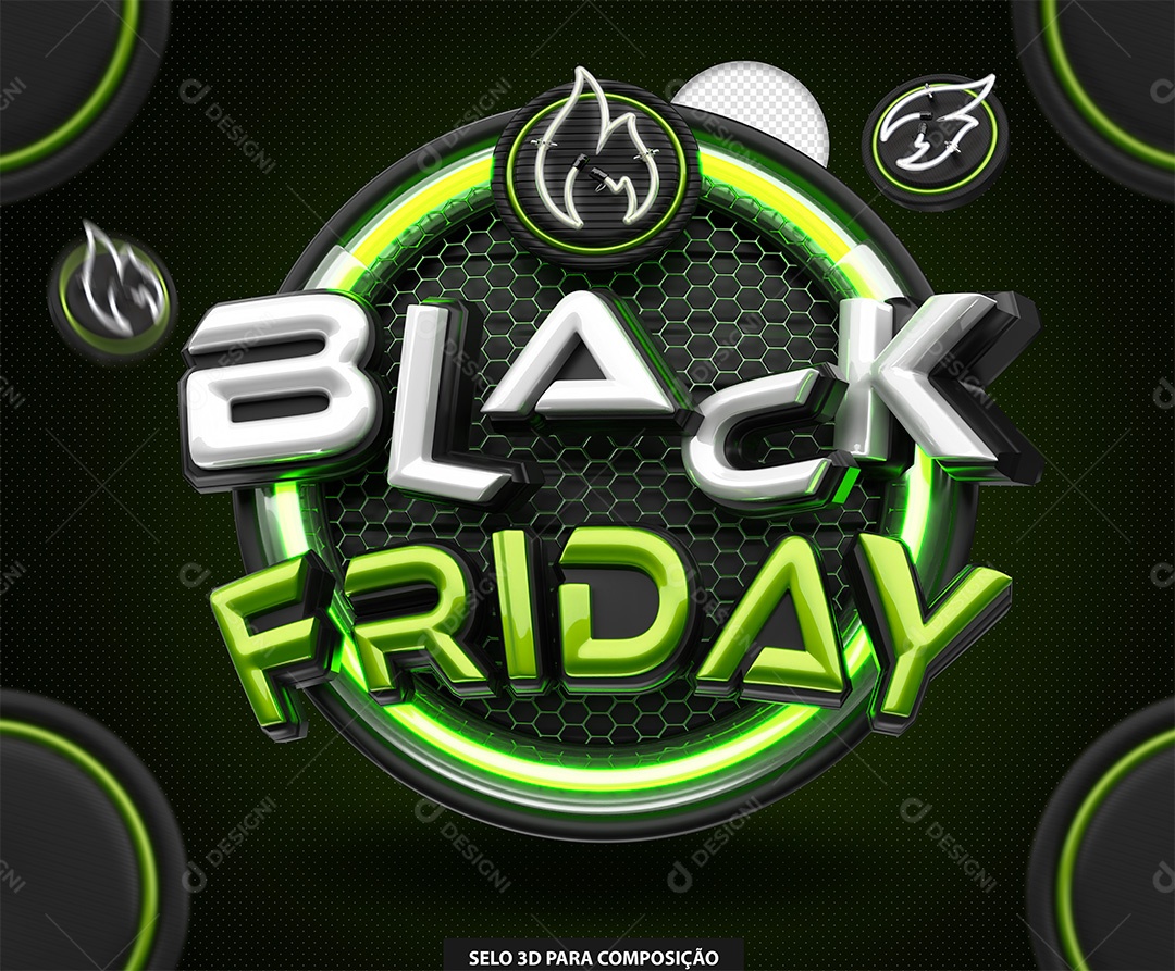 Black Friday Selo 3D Branco e Verde para Composição PSD