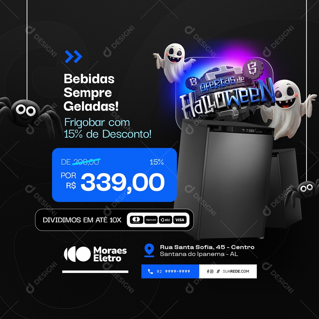 Loja de Eletrodomésticos Ofertas de Halloween Bebidas Sempre Geladas Social Media PSD Editável