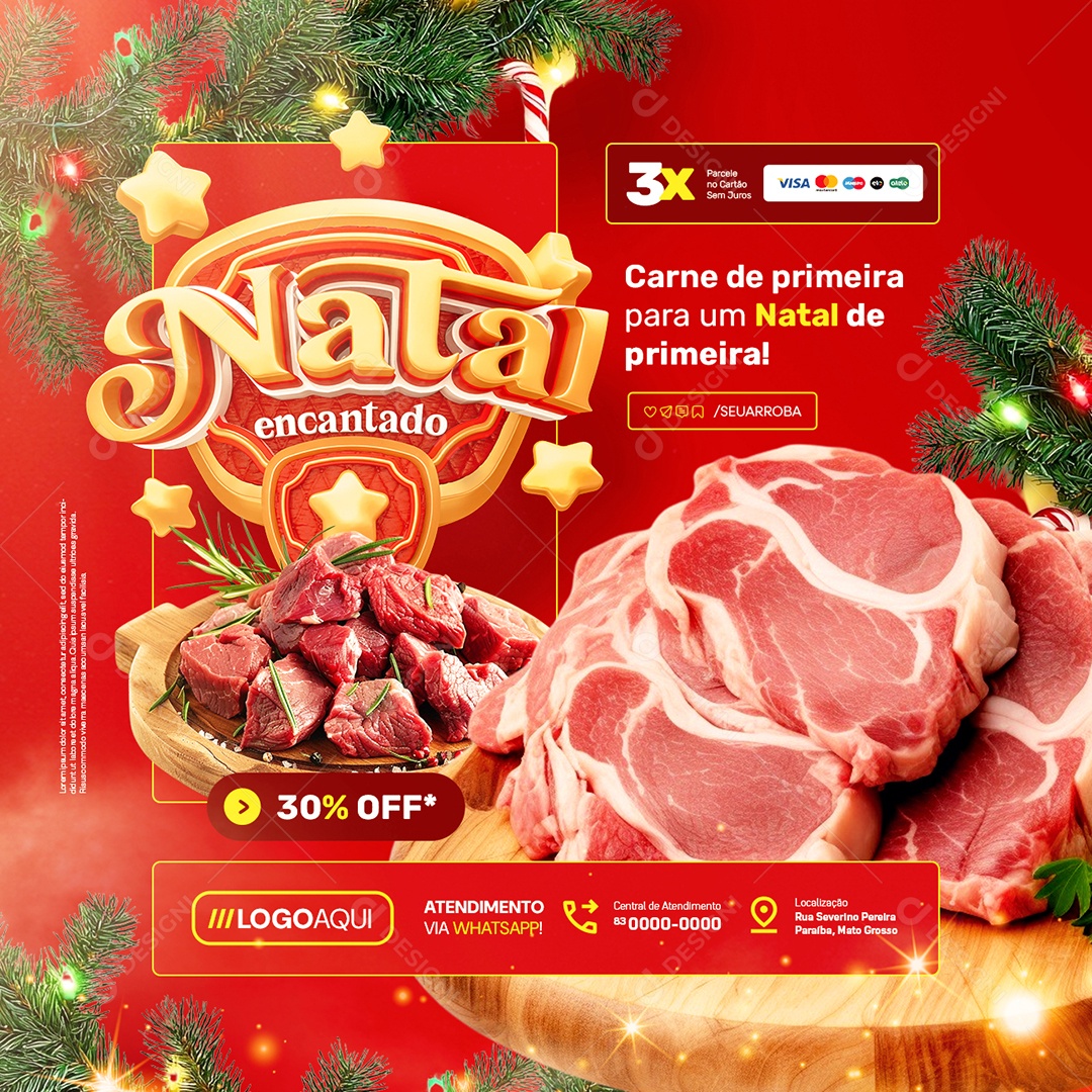 Natal Encantado Açougue Carne de Primeira 30% Off Social Media PSD Editável