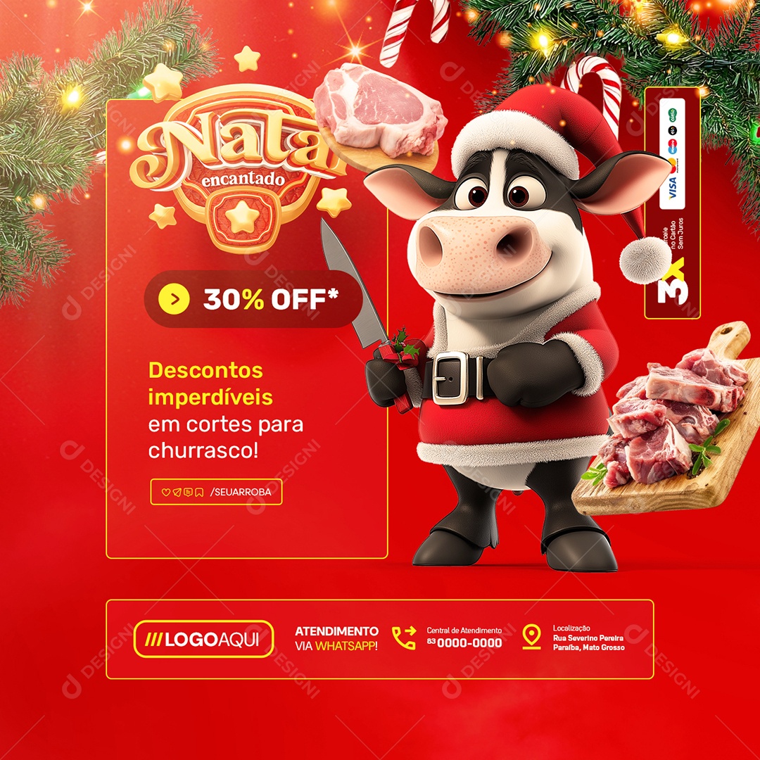 Natal Encantado Açougue Carnes Descontos Imperdíveis 30% Off Social Media PSD Editável