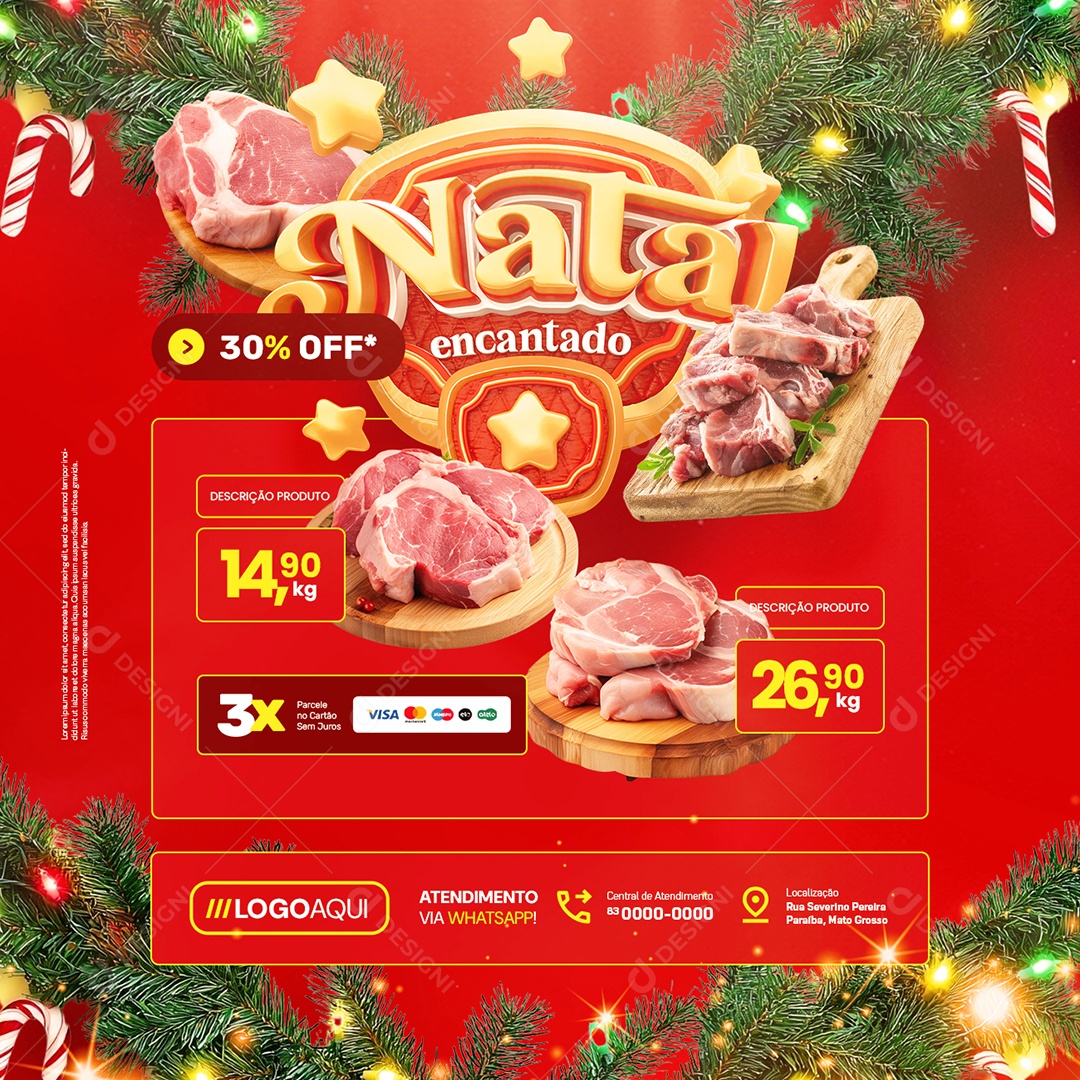 Social Media Natal Encantado Açougue Carnes 30% Off PSD Editável