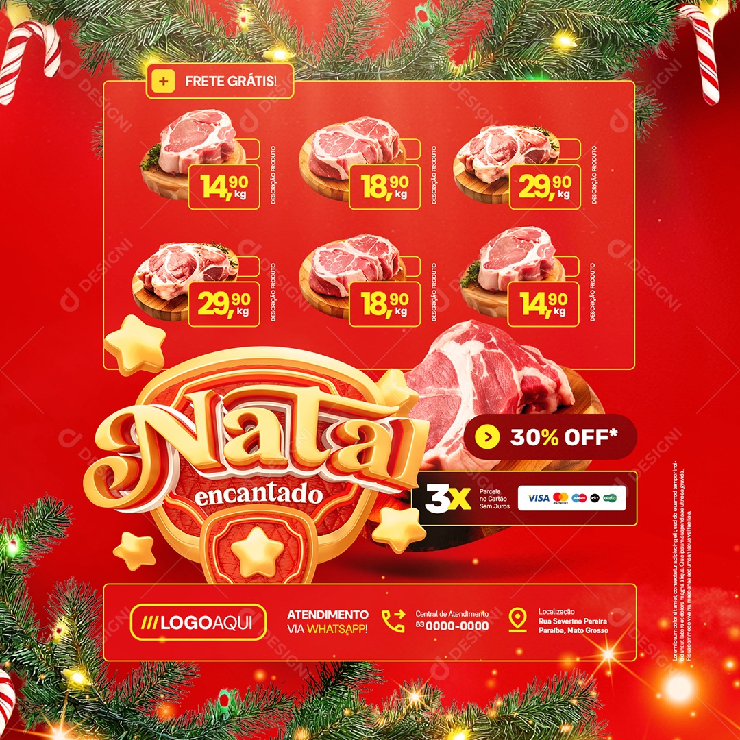 Natal Encantado Açougue Carnes 30% Off Social Media PSD Editável