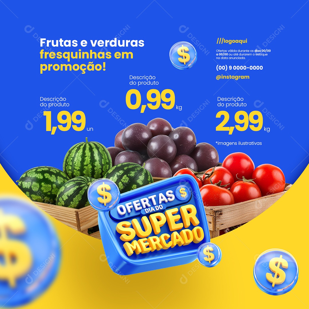 Ofertas Dia do Supermercado Frutas e Verduras Fresquinhas Hortifruti Social Media PSD Editável