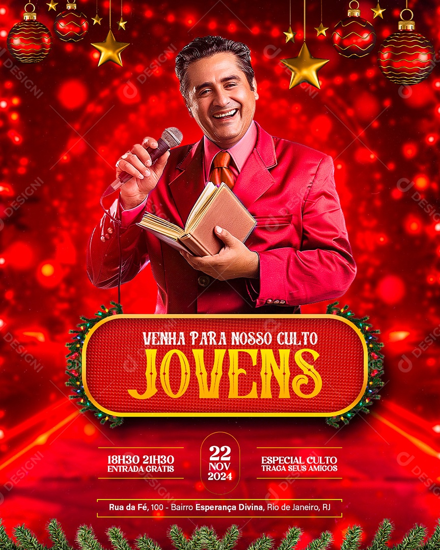 Flyer Gospel Natal Venha para Nosso Culto Jovens Social Media PSD Editável