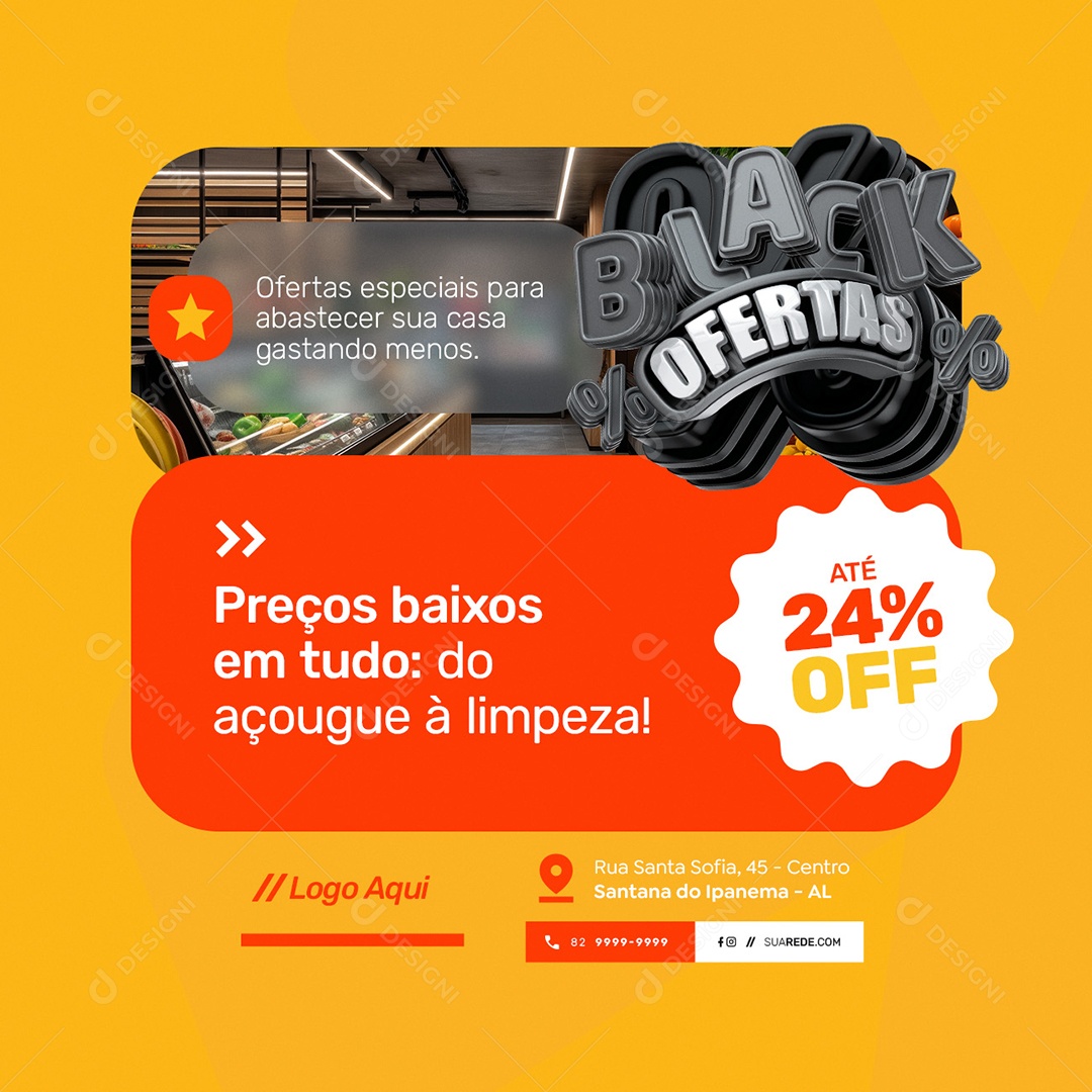 Supermercado Black Ofertas Preços Baixos em Tudo Social Media PSD Editável