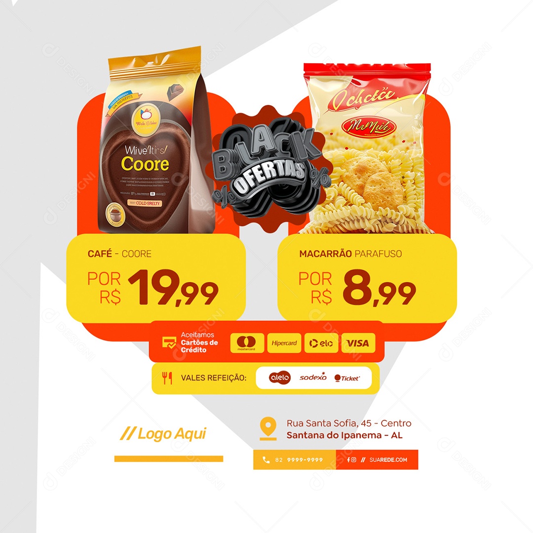 Supermercado Black Ofertas Café Macarrão Parafuso Social Media PSD Editável