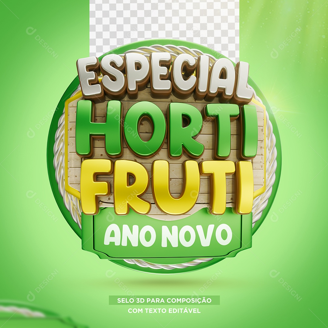 Especial Hortifruti Ano Novo Selo 3D Cinza Verde e Amarelo para Composição PSD