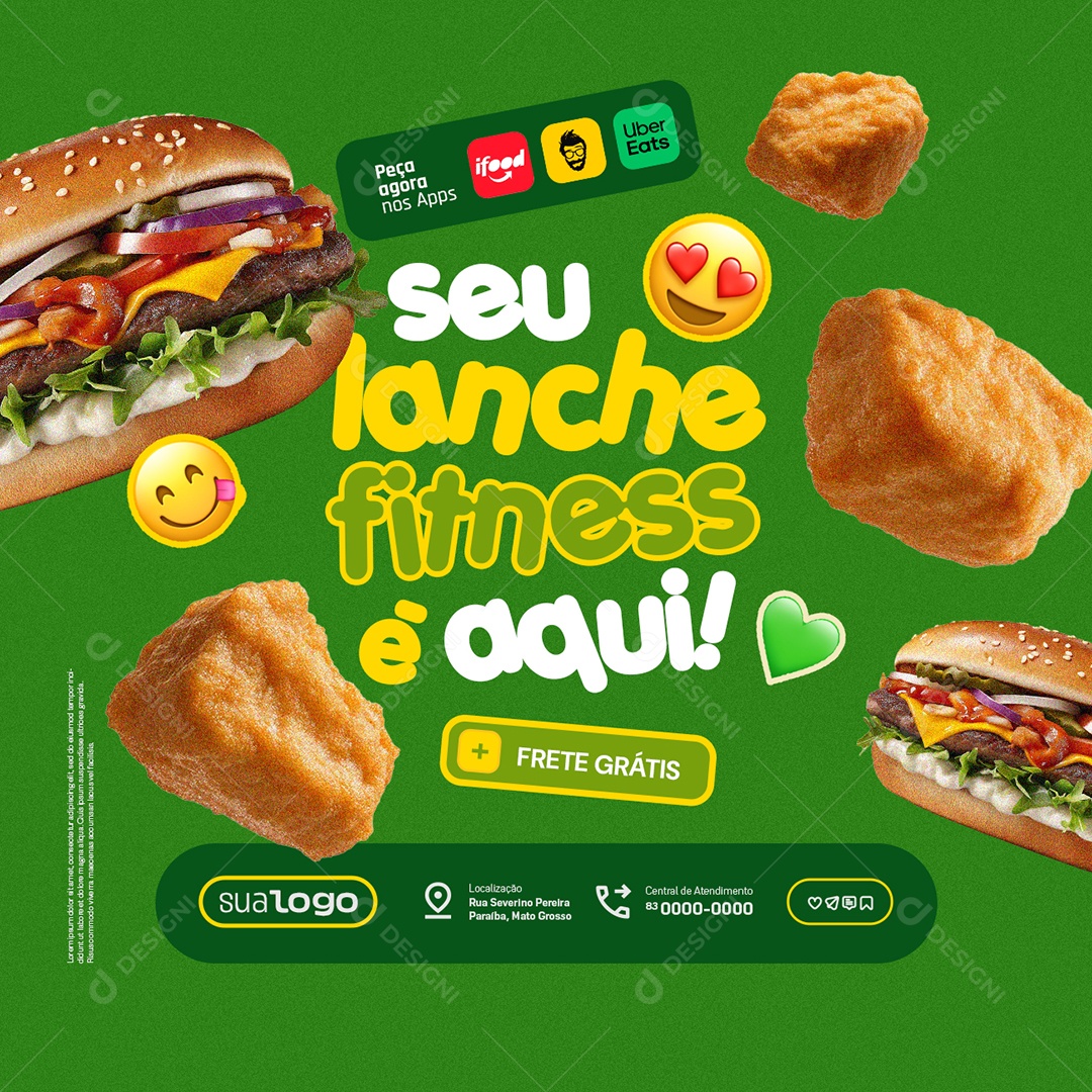 Burguer Seu Lanche Fitness é Aqui Frete Grátis Social Media PSD Editável