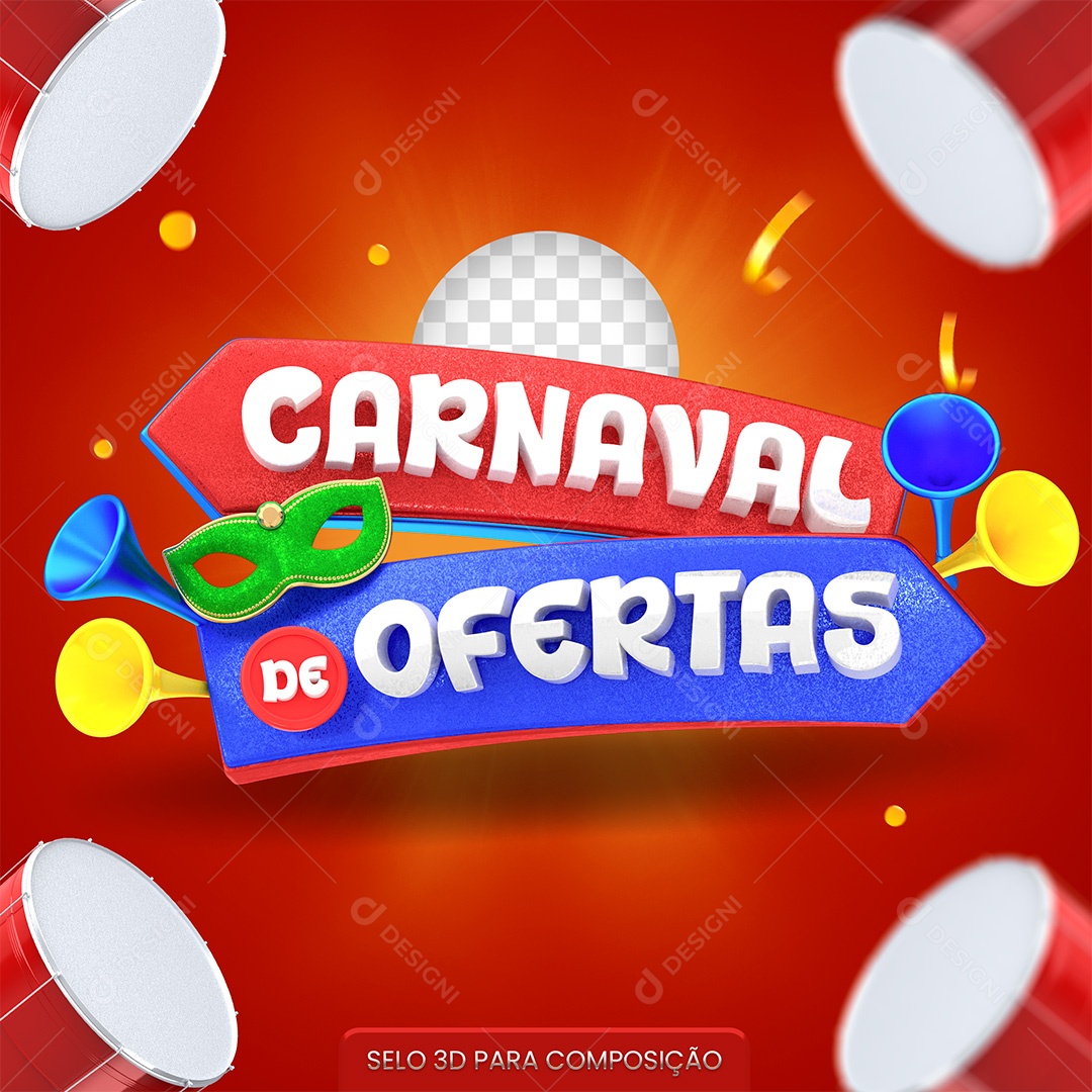 Selo 3D Carnaval de Ofertas Vermelho e Azul para Composição PSD