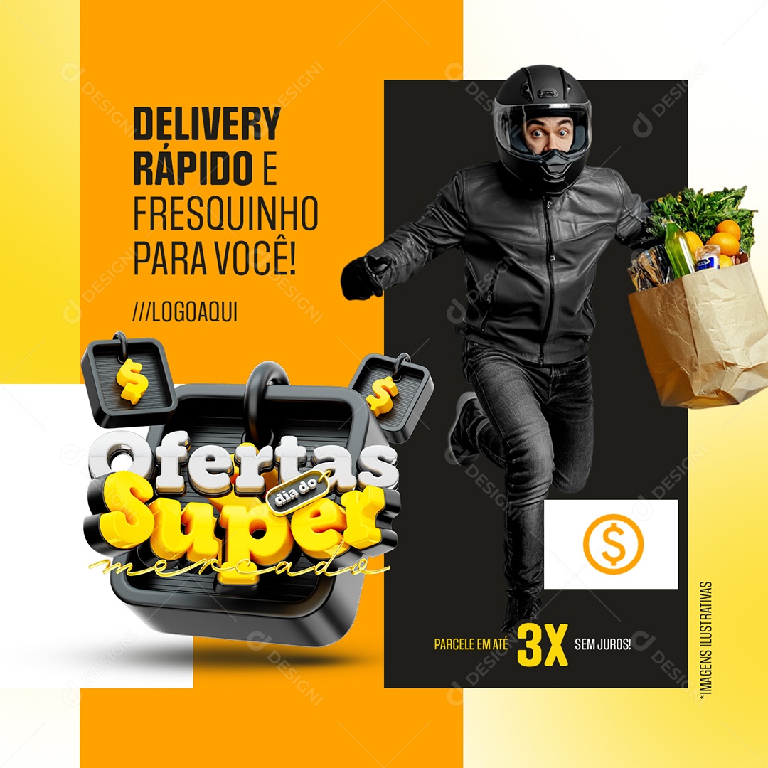 Ofertas Dia do Supermercado Delivery Rápido Social Media PSD Editável