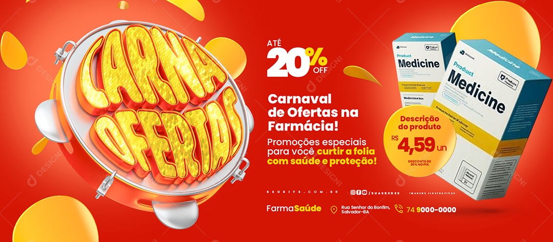 Banner Carna Ofertas Farmácia Carnaval de Ofertas Social Media PSD Editável