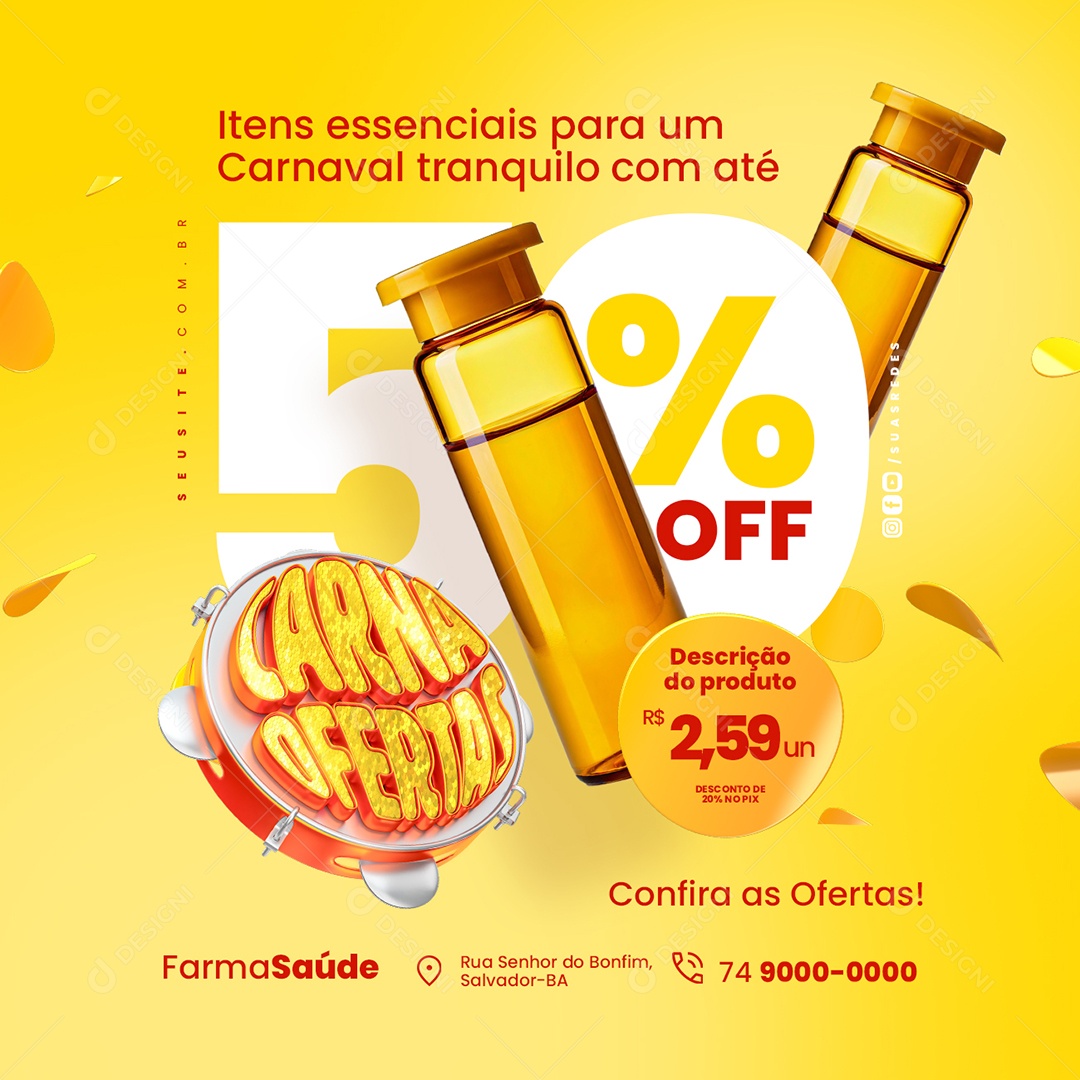 Carna Ofertas Farmácia 50% Off Social Media PSD Editável