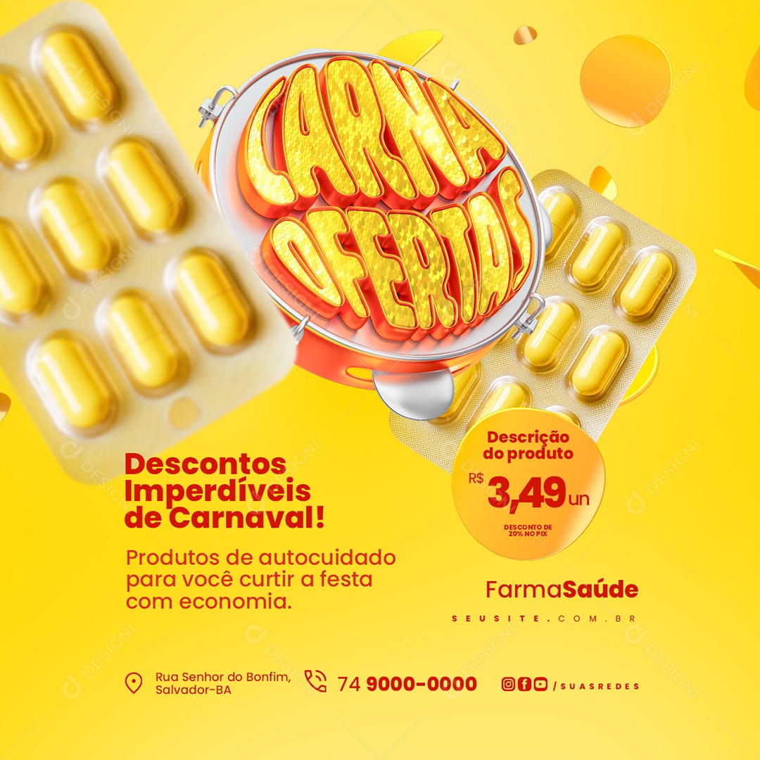 Carna Ofertas Farmácia Descontos Imperdíveis de Carnaval Social Media PSD Editável