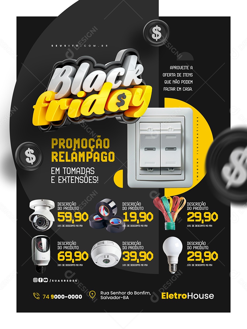 Encarte Black Friday Materiais Elétricos Promoção Relâmpago Social Media PSD Editável