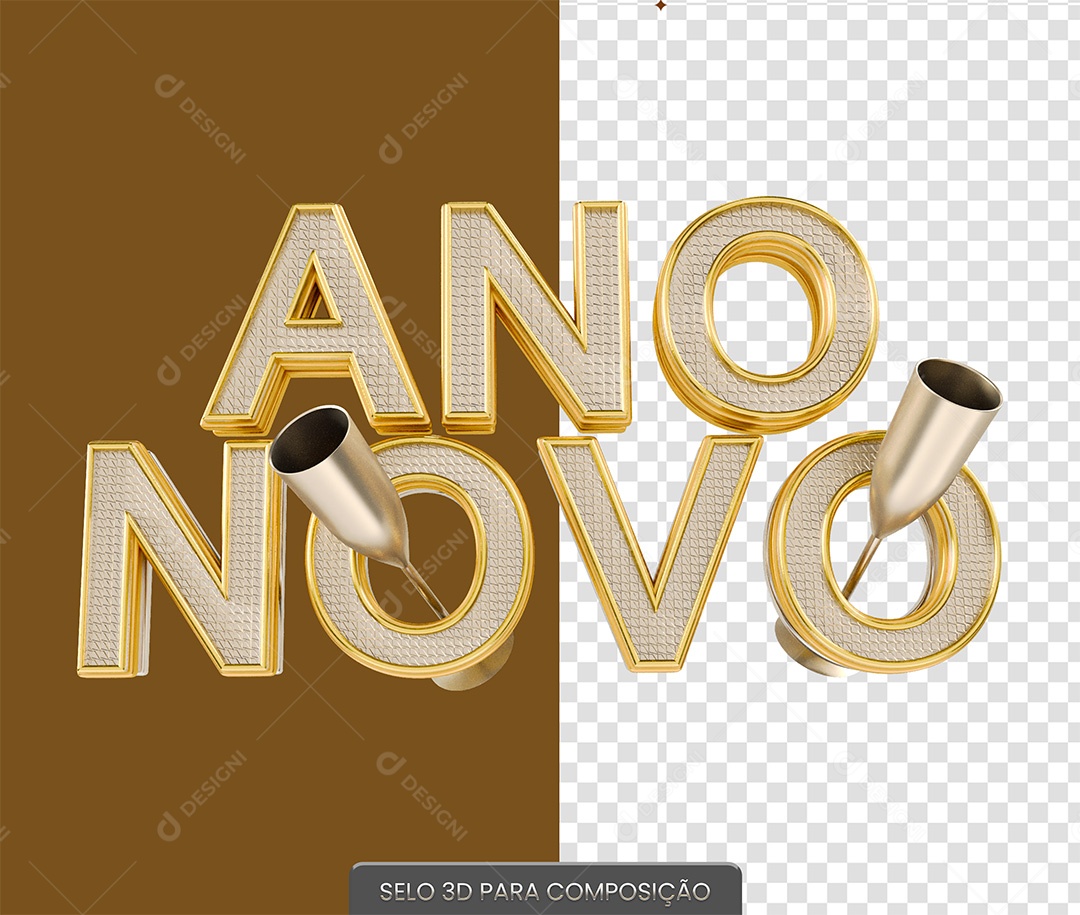 Ano Novo Selo 3D Dourado para Composição PSD