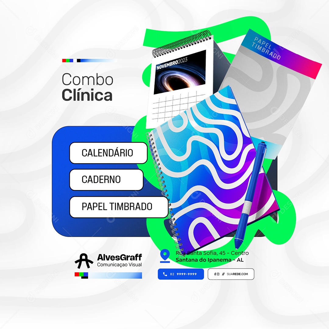 Gráfica Combo Clínica Calendário Caderno Papel Timbrado Social Media PSD Editável