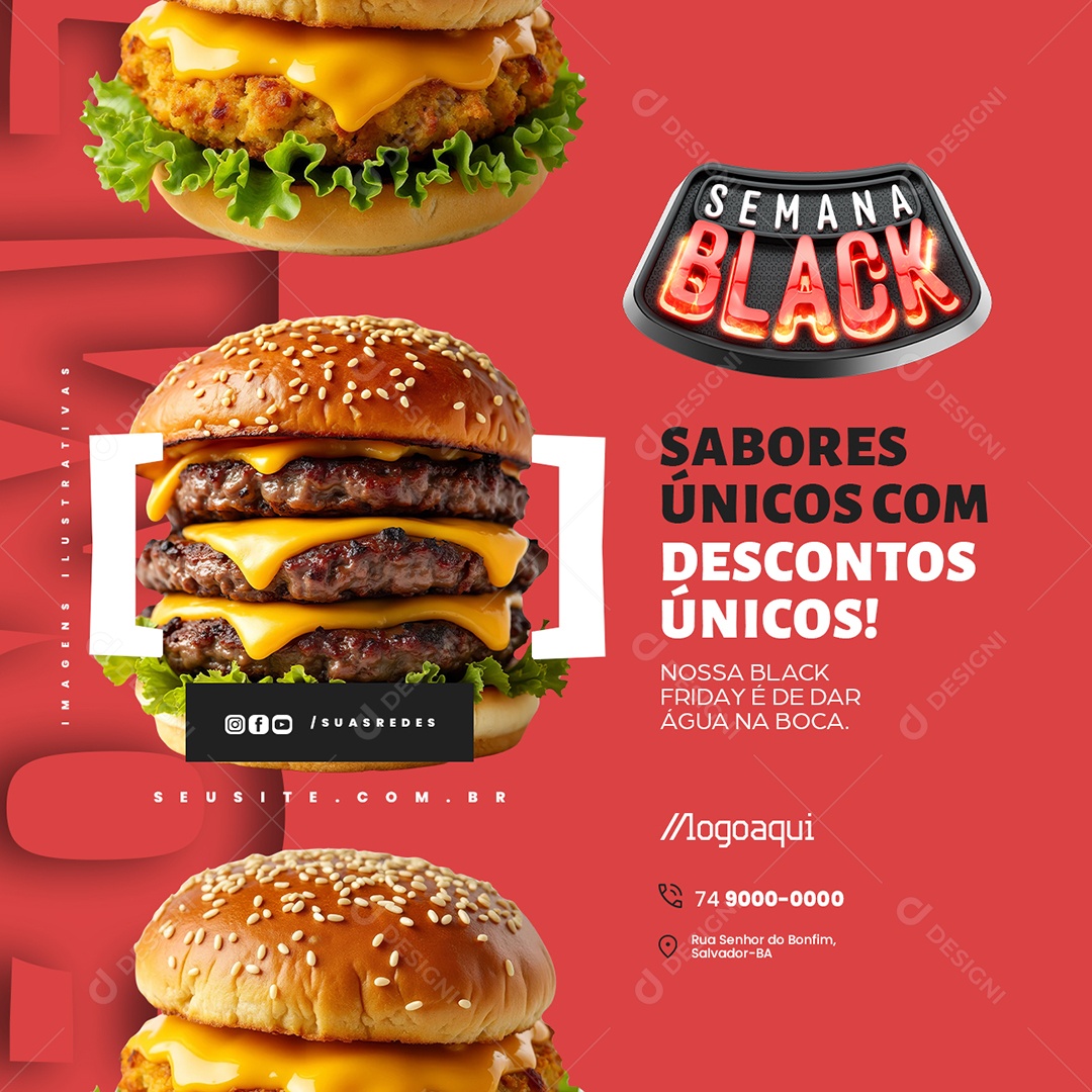 Semana Black Hamburgueria Sabores Únicos com Descontos Únicos Social Media PSD Editável