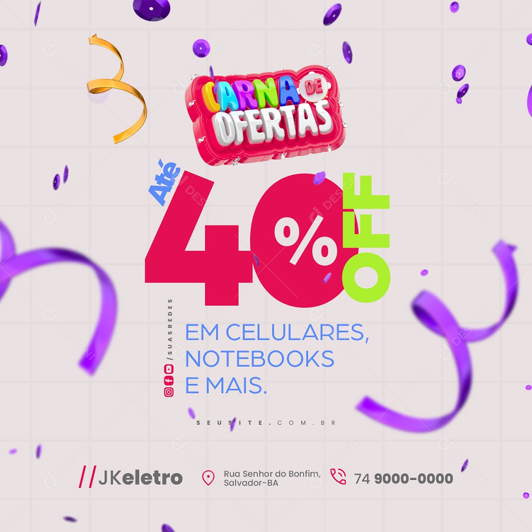 Carna de Ofertas Loja de Eletrônicos Até 40% Off Social Media PSD Editável