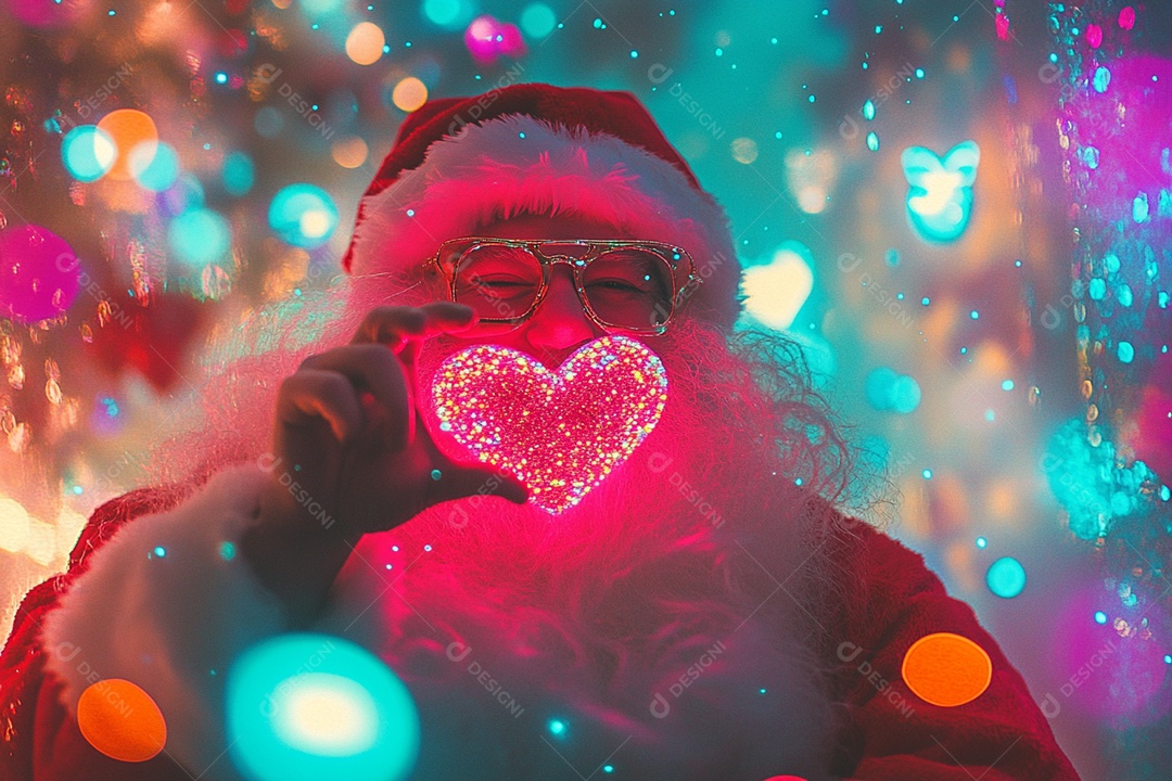 Papai noel com luzes coloridas segurando um coração na mão