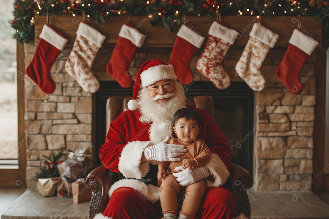 Papai noel sentado na cadeira com um lindo bebê com decoração de natal