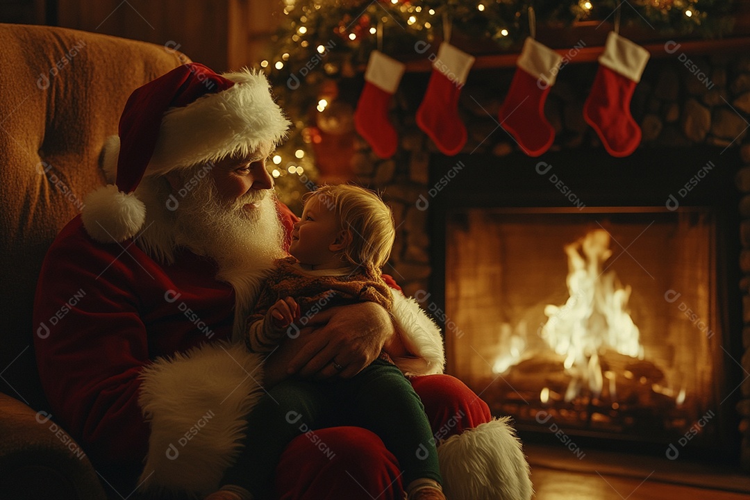 Papai noel com uma criança fofa no colo ao lado de uma lareira