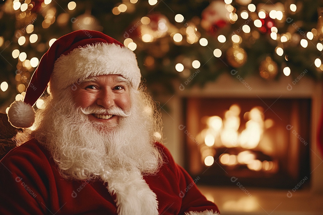 Happy Santa Claus with decorated background of a fireplace and Christmas lights