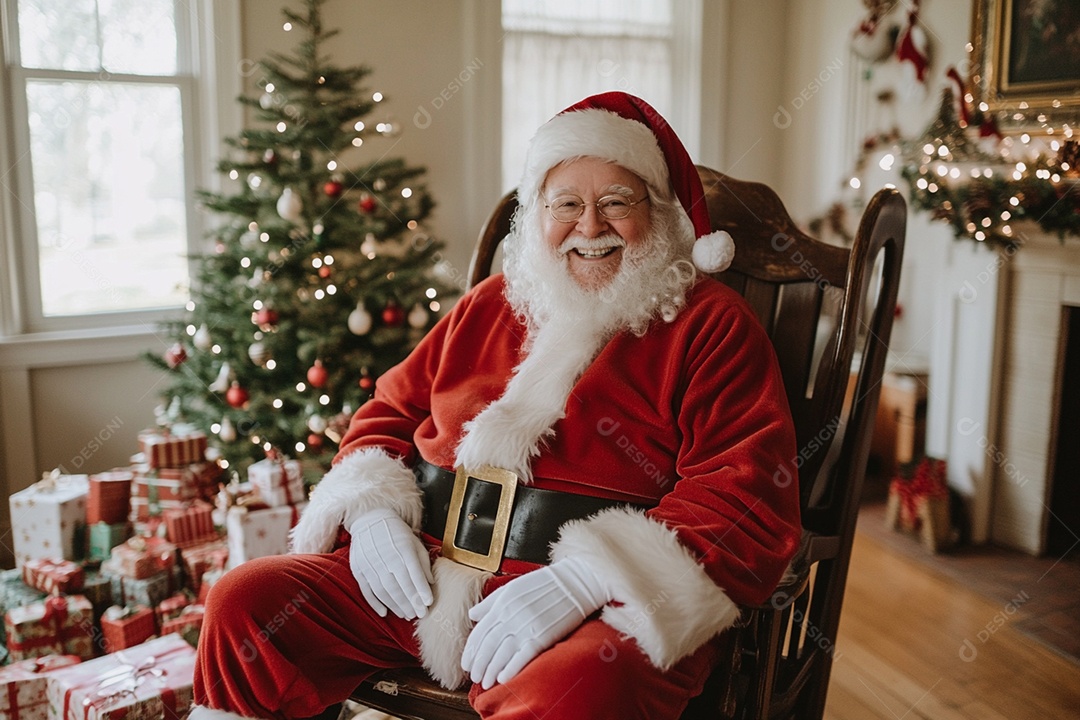 Papai noel numa cadeira de balanço feliz com presentes na árvore