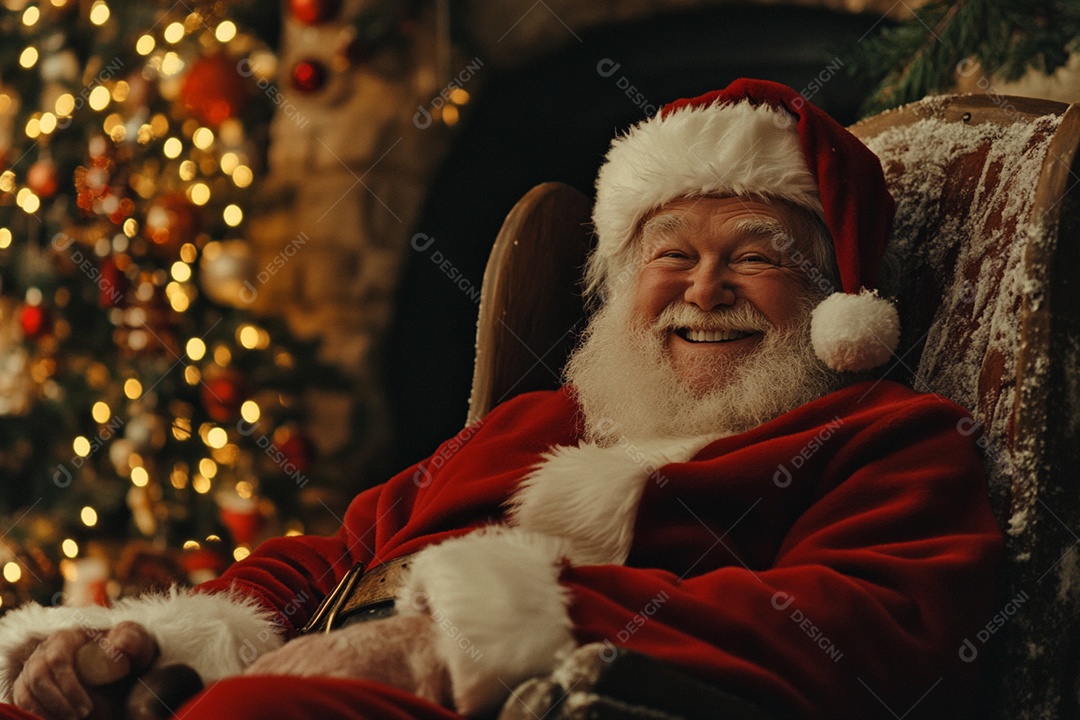 Papai noel sentado feliz ao lado de uma árvore enfeitada