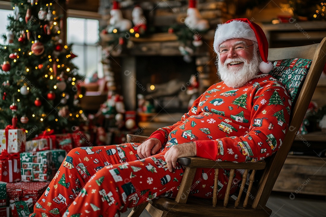 Um senhor papai noel sentado na cadeira de madeira rodeado de presente