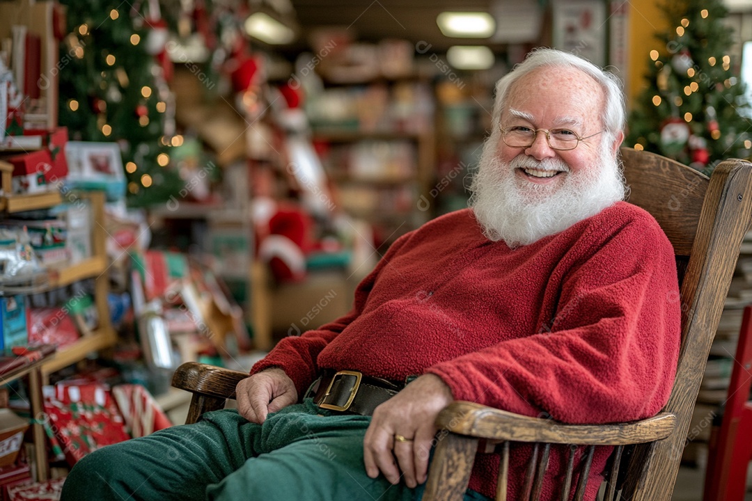 Um senhor papai noel sentado na cadeira de madeira