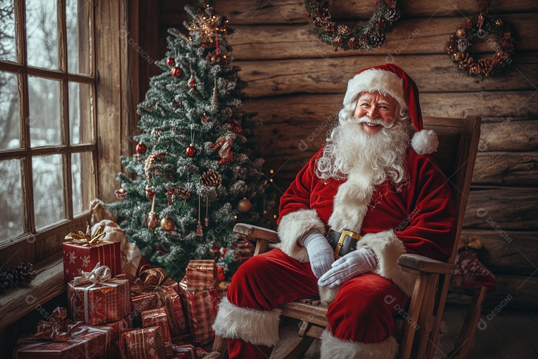 Santa Claus sitting with many gifts around