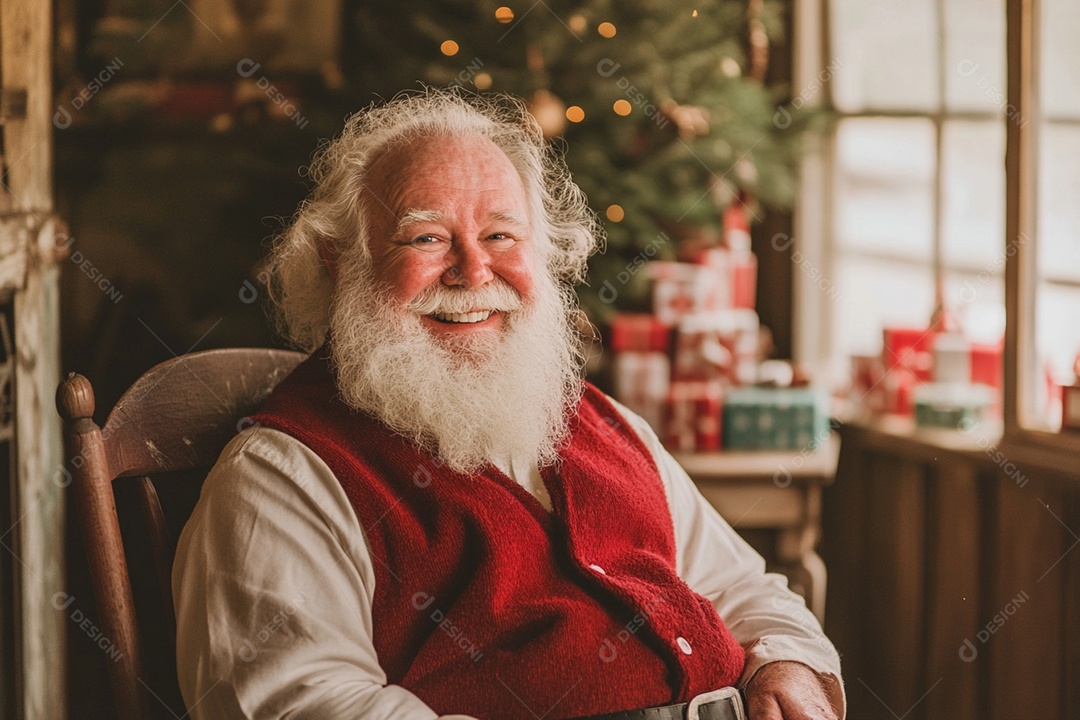 Um senhor papai noel sentado na cadeira de madeira