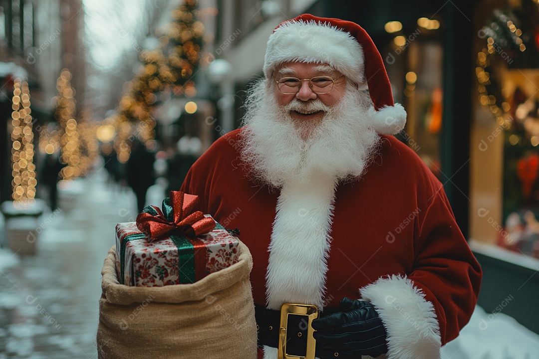 Papai noel com grande saco de presentes na mão