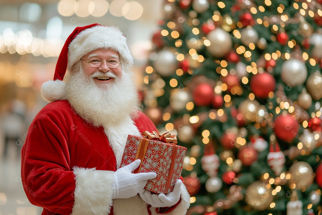 Papai noel feliz com presentes na mãos