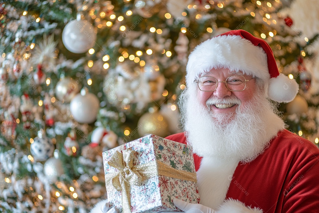 Christmas tree and Santa Claus with gift in hand