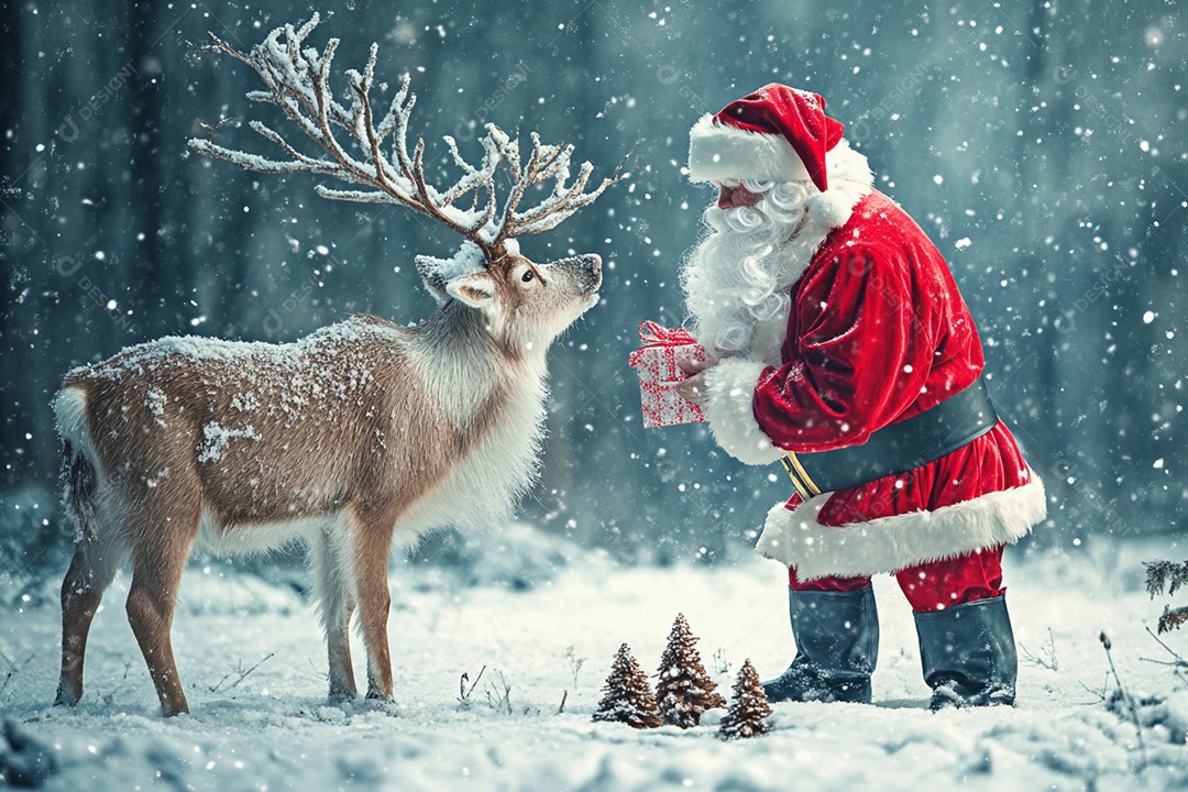 Rena próxima do papai noel com presentes