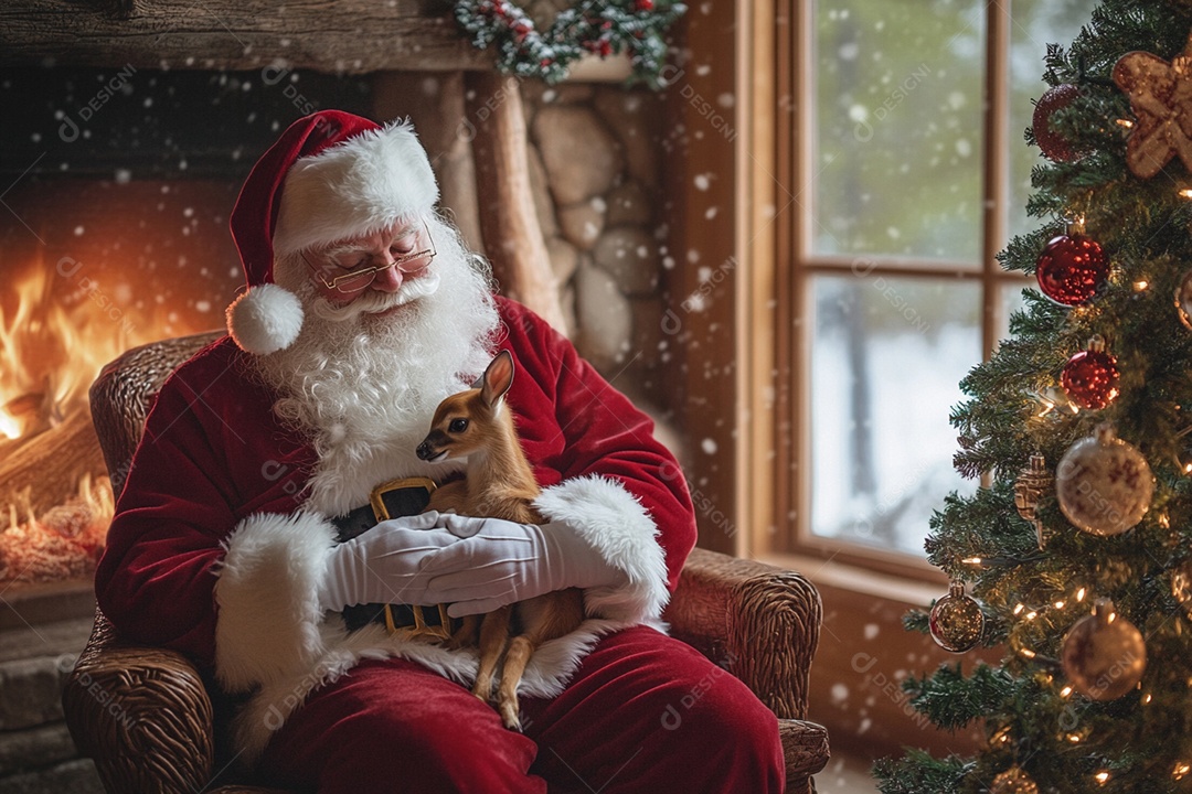 Papai noel com cervinho filhote no colo e árvore de natal