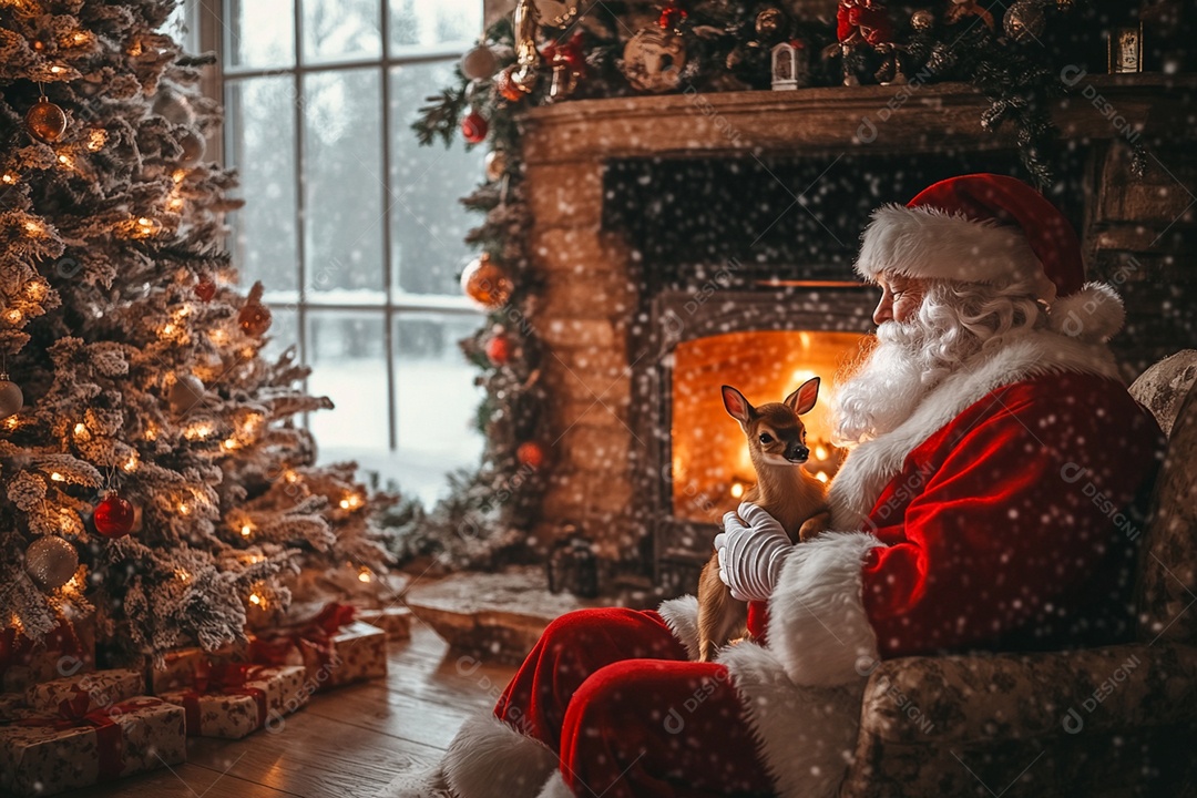 A beautiful room decorated for Christmas with Santa Claus holding a deer