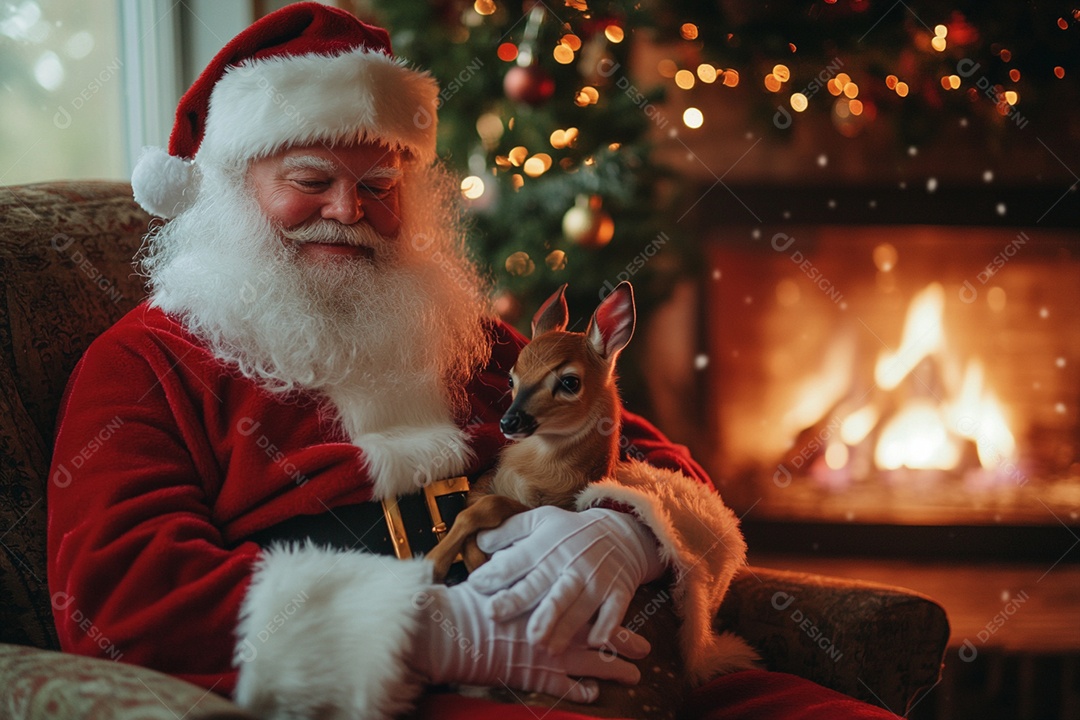 Papai noel feliz com cervo no colo