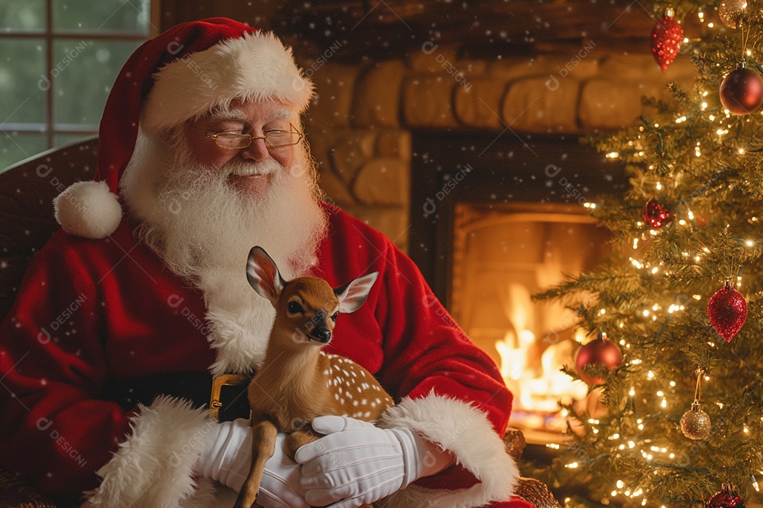 Papai noel com um cervo filhote no colo bem feliz