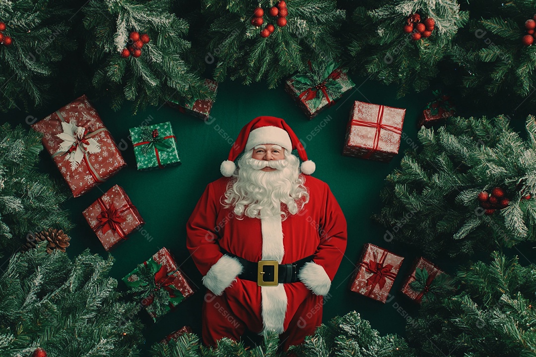 Santa Claus with many gifts and pine branches