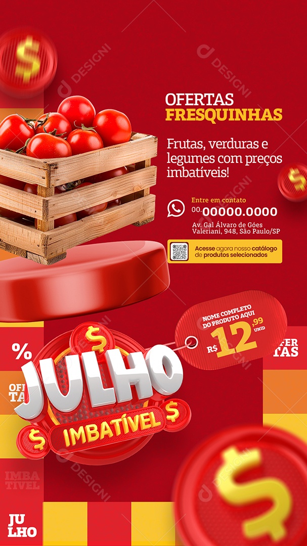 Story Supermercado Julho Imbatível Ofertas Fresquinhas Tomate Social Media PSD Editável