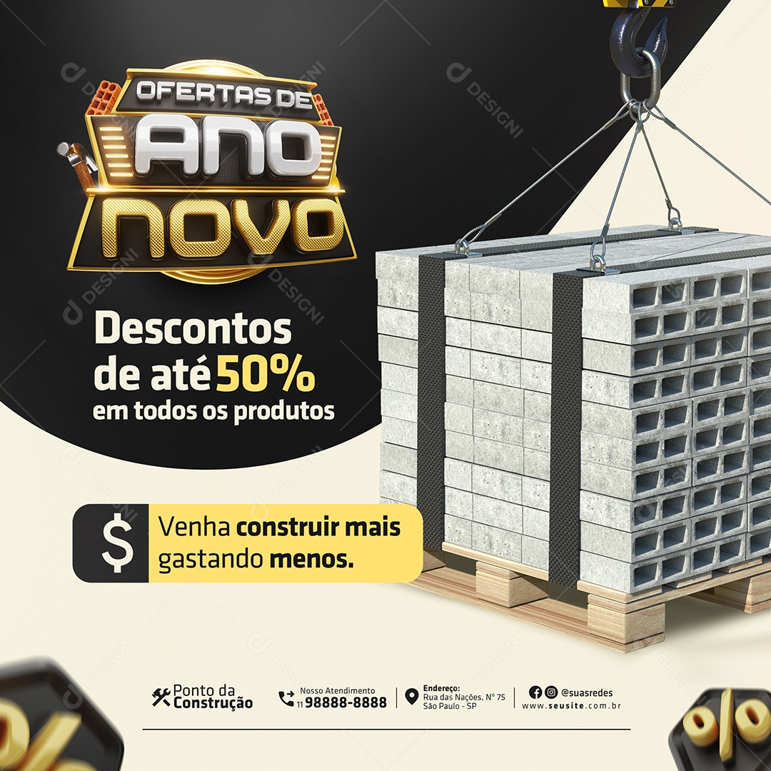 Ofertas de Ano Novo Construção Concreto Descontos de Até 50% Social Media PSD Editável