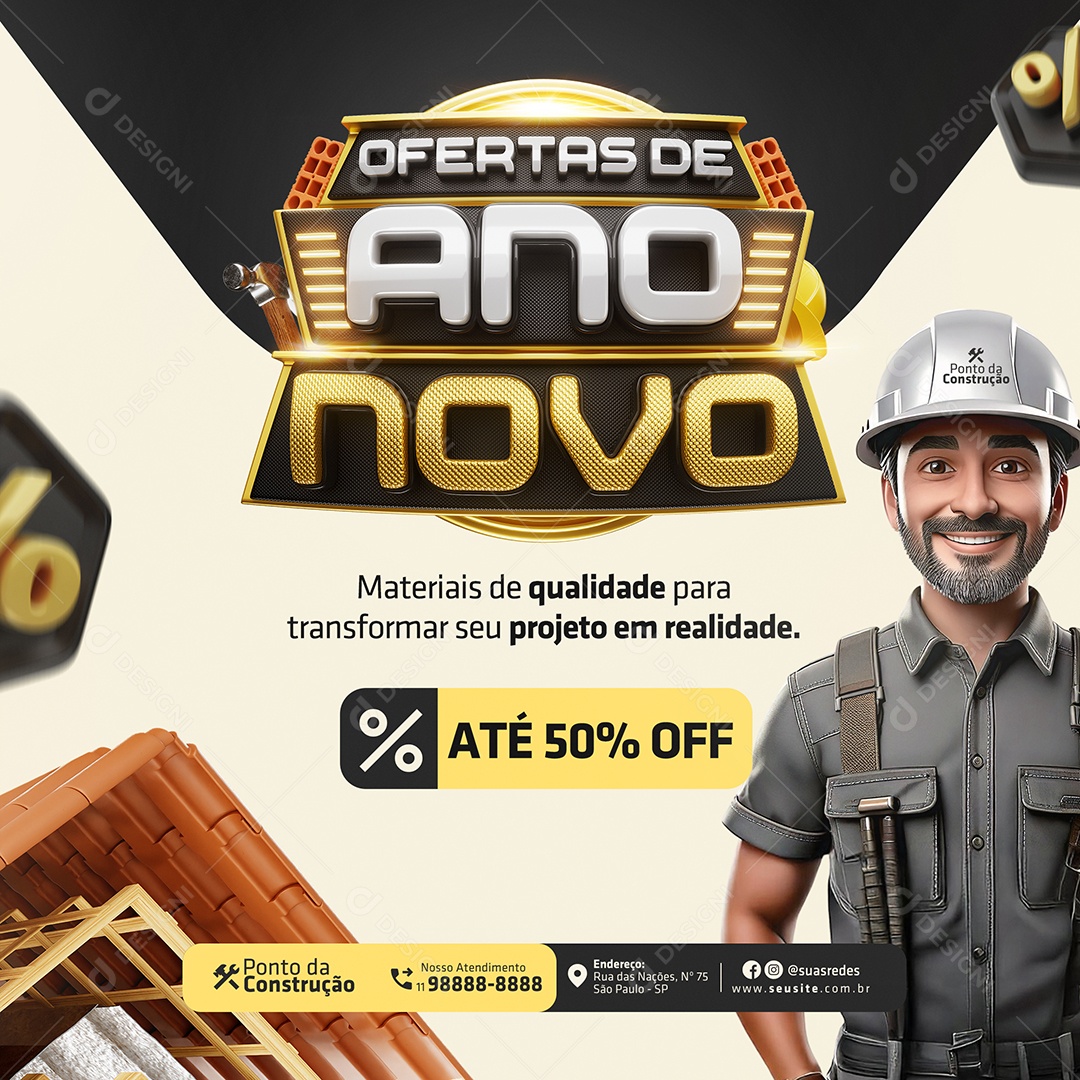 Ofertas de Ano Novo Construção Materiais de Qualidade Social Media PSD Editável