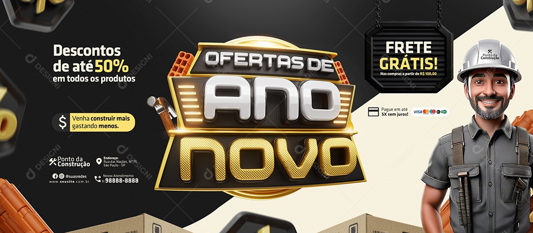 Banner Ofertas de Ano Novo Construção Frete Grátis Social Media PSD Editável