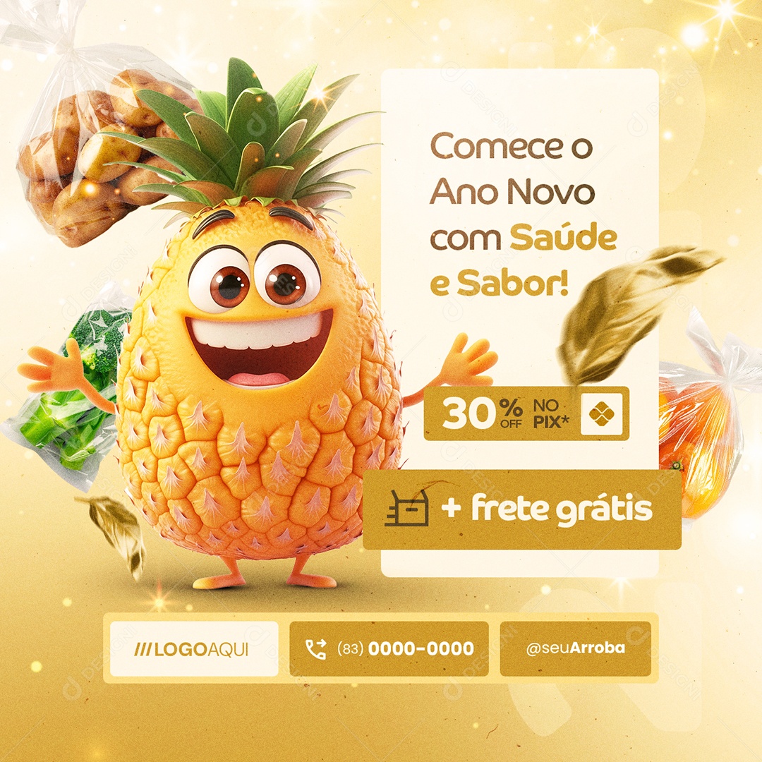 Ano Novo de Ofertas Hortifruti Abacaxi 30% no Pix Social Media PSD Editável