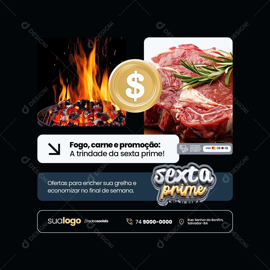 Sexta Prime Açougue Fogo Carne e Promoção Social Media PSD Editável