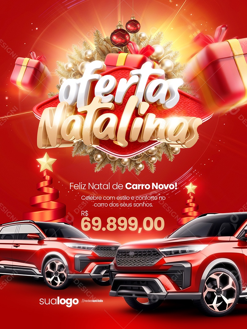 Ofertas Natalinas Concessionária Encarte Feliz Natal de Carro Novo Social Media PSD Editavel