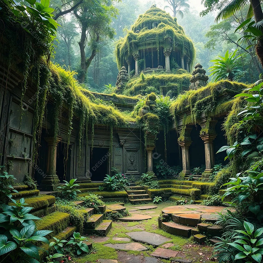 An ancient stone temple covered by a lush jungle vegetation