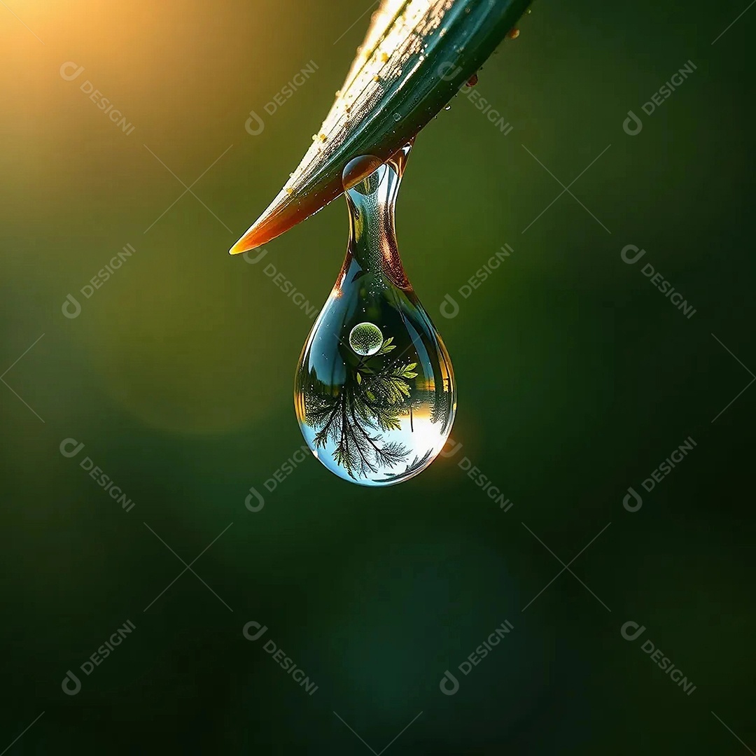 A drop of dew hanging delicately at the tip of a leaf